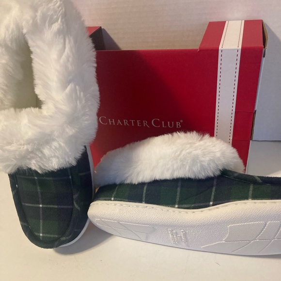 Charter Club Tartan Plaid Green Slippers with Faux Fur Lining - Picture 4 of 5